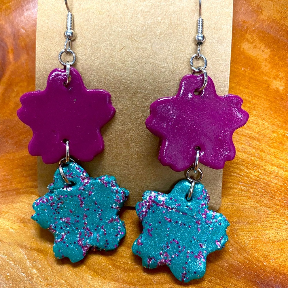 Magenta and teal with glitter polymer clay earrings